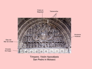 Tímpano. Visión Apocalipsis
San Pedro in Moisacc
Círculos
De fuego
Olas del
Mar de cristal
Cristo en
Majestad Tetramorfos
Ancianos
músicos
 