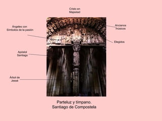 Parteluz y tímpano.
Santiago de Compostela
Árbol de
Jessé
Apóstol
Santiago
Cristo en
Majestad
Ángeles con
Símbolos de la pasión
Ancianos
músicos
Elegidos
 