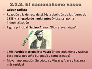 - Origen carlista
- Reacción a la derrota de 1876; la abolición de los fueros de
1888 y la llegada de inmigrantes (maketos) por la
industrialización
- Figura principal: Sabino Arana (“Dios y leyes viejas”)
- 1895 Partido Nacionalista Vasco (independentista y racista;
base social pequeña burguesía y campesinado)
- Mayor implantación Guipúzcoa y Vizcaya; Álava y Navarra
más residual
SabinoArana
SabinoArana
 