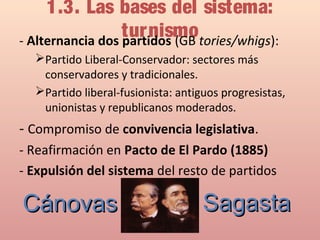 1.3. Las bases del sistema:
turnismo- Alternancia dos partidos (GB tories/whigs):
Partido Liberal-Conservador: sectores más
conservadores y tradicionales.
Partido liberal-fusionista: antiguos progresistas,
unionistas y republicanos moderados.
- Compromiso de convivencia legislativa.
- Reafirmación en Pacto de El Pardo (1885)
- Expulsión del sistema del resto de partidos
CánovasCánovas SagastaSagasta
 