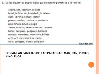 FORMA LAS FAMILIAS DE LAS PALABRAS: MAR, PAN, PUNTO,
NIÑO, FLOR
 