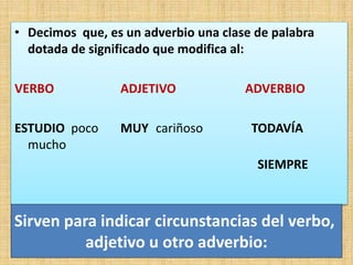 • Decimos que, es un adverbio una clase de palabra
dotada de significado que modifica al:
VERBO ADJETIVO ADVERBIO
ESTUDIO poco MUY cariñoso TODAVÍA
mucho
SIEMPRE
Sirven para indicar circunstancias del verbo,
adjetivo u otro adverbio:
 