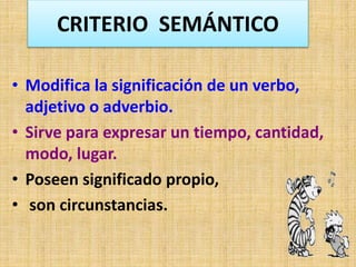 CRITERIO SEMÁNTICO
• Modifica la significación de un verbo,
adjetivo o adverbio.
• Sirve para expresar un tiempo, cantidad,
modo, lugar.
• Poseen significado propio,
• son circunstancias.
 