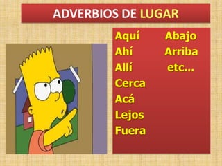 ADVERBIOS DE LUGAR
Aquí Abajo
Ahí Arriba
Allí etc...
Cerca
Acá
Lejos
Fuera
 
