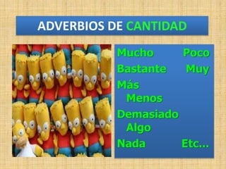 ADVERBIOS DE CANTIDAD
Mucho Poco
Bastante Muy
Más
Menos
Demasiado
Algo
Nada Etc...
 