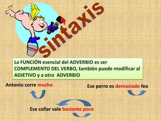 La FUNCIÓN esencial del ADVERBIO es ser
COMPLEMENTO DEL VERBO, también puede modificar al
ADJETIVO y a otro ADVERBIO
Antonio corre mucho Ese perro es demasiado feo
Ese collar vale bastante poco
 