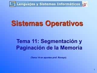 1
Tema 11: Segmentación y
Paginación de la Memoria
Sistemas Operativos
(Tema 14 en apuntes prof. Rovayo)
 