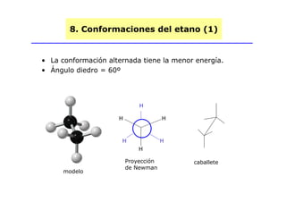 8. Conformaciones del etano (1)
                                   ( )


• La conformación alternada tiene la menor energía.
• Ángulo diedro = 60º




                             H

                     H                H



                      H               H
                             H

                         Proyección       caballete
                         de Newman
      modelo
        d l
 