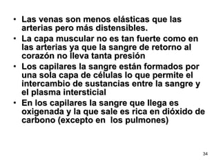 Las venas son menos elásticas que las arterias pero más distensibles.  La capa muscular no es tan fuerte como en las arterias ya que la sangre de retorno al corazón no lleva tanta presión Los capilares la sangre están formados por una sola capa de células lo que permite el intercambio de sustancias entre la sangre y el plasma intersticial En los capilares la sangre que llega es oxigenada y la que sale es rica en dióxido de carbono (excepto en  los pulmones) 