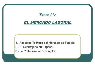 Tema 11.-

      EL MERCADO LABORAL




1.- Aspectos Teóricos del Mercado de Trabajo.
2.- El Desempleo en España.
3.- La Protección al Desempleo.
 