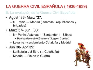 LA GUERRA CIVIL ESPAÑOLA ( 1936-1939) B. La evolución de la Guerra Civil Española Agost `36- Marz `37: S↓ Penin -> Madrid ( anarcas : republicanos y brigadas) Marz`37- Jun. `38: N↑ Penin: Asturias ← Santander ← Bilbao: Bombardeo sobre Guernica ( Legión Condor) Levante -> aislamiento Cataluña y Madrid Jun`38- Abr`39: La Batalla del Ebro ( ↓ Catañuña) Madrid -> Fin de la Guerra 