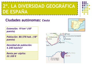 2º. LA DIVERSIDAD GEOGRÁFICA DE ESPAÑA Ciudades autónomas:  Ceuta   Extensión: 19 km² (18º puesto) Población: 80.570 hab. (18º puesto) Densidad de población: 4.240 hab/km² Renta per cápita:  22.320 € 