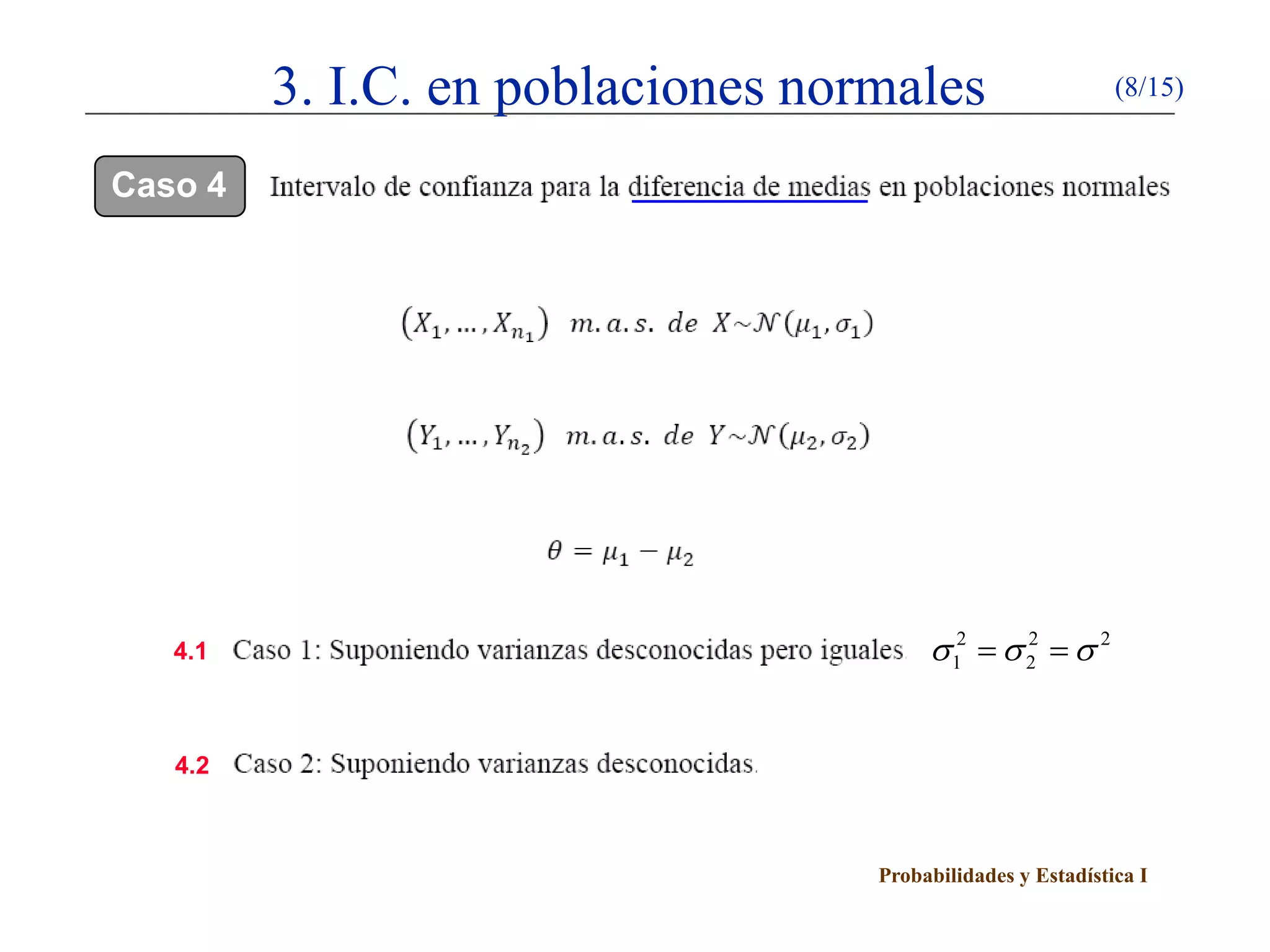 Probabilidades y Estadística I
3. I.C. en poblaciones normales (8/15)
Caso 4
4.1
4.2
2 2 2
1 2σ σ σ= =
 