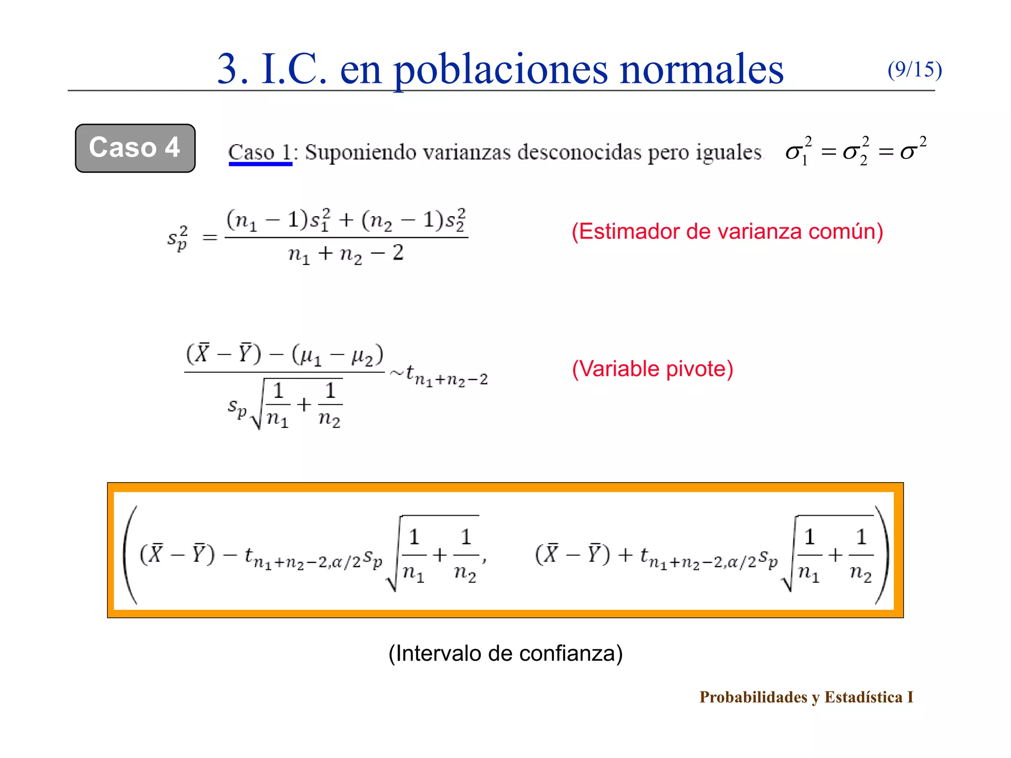 Probabilidades y Estadística I
3. I.C. en poblaciones normales (9/15)
Caso 4 2 2 2
1 2σ σ σ= =
(Estimador de varianza común)
(Variable pivote)
(Intervalo de confianza)
 