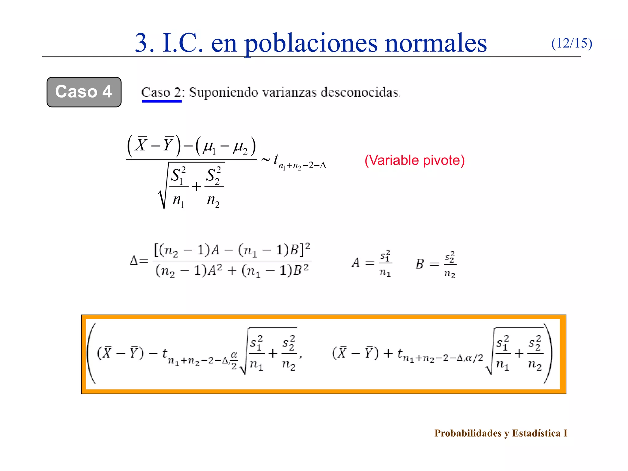 Probabilidades y Estadística I
3. I.C. en poblaciones normales (12/15)
Caso 4
(Variable pivote)
( ) ( )
1 2
1 2
22 2
1 2
1 2
n n
X Y
t
S S
n n
µ µ
+ − −∆
− − −
∼
+
 