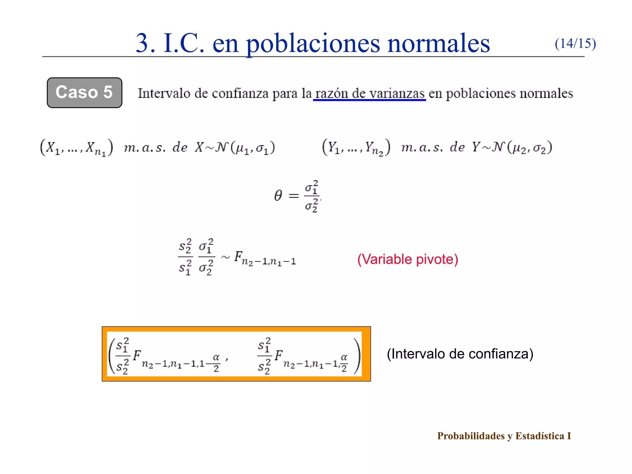 Probabilidades y Estadística I
3. I.C. en poblaciones normales (14/15)
Caso 5
(Variable pivote)
(Intervalo de confianza)
 