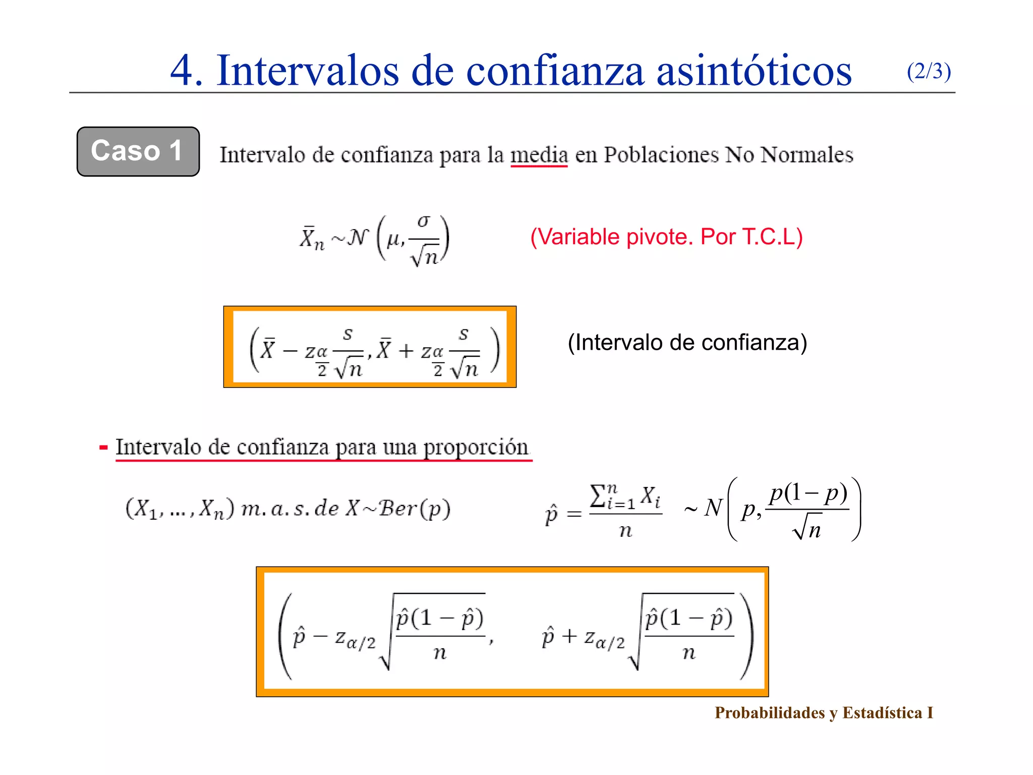 Probabilidades y Estadística I
4. Intervalos de confianza asintóticos (2/3)
Caso 1
(Variable pivote. Por T.C.L)
(Intervalo de confianza)
(1 )
,
p p
N p
n
− 
∼  
 
 