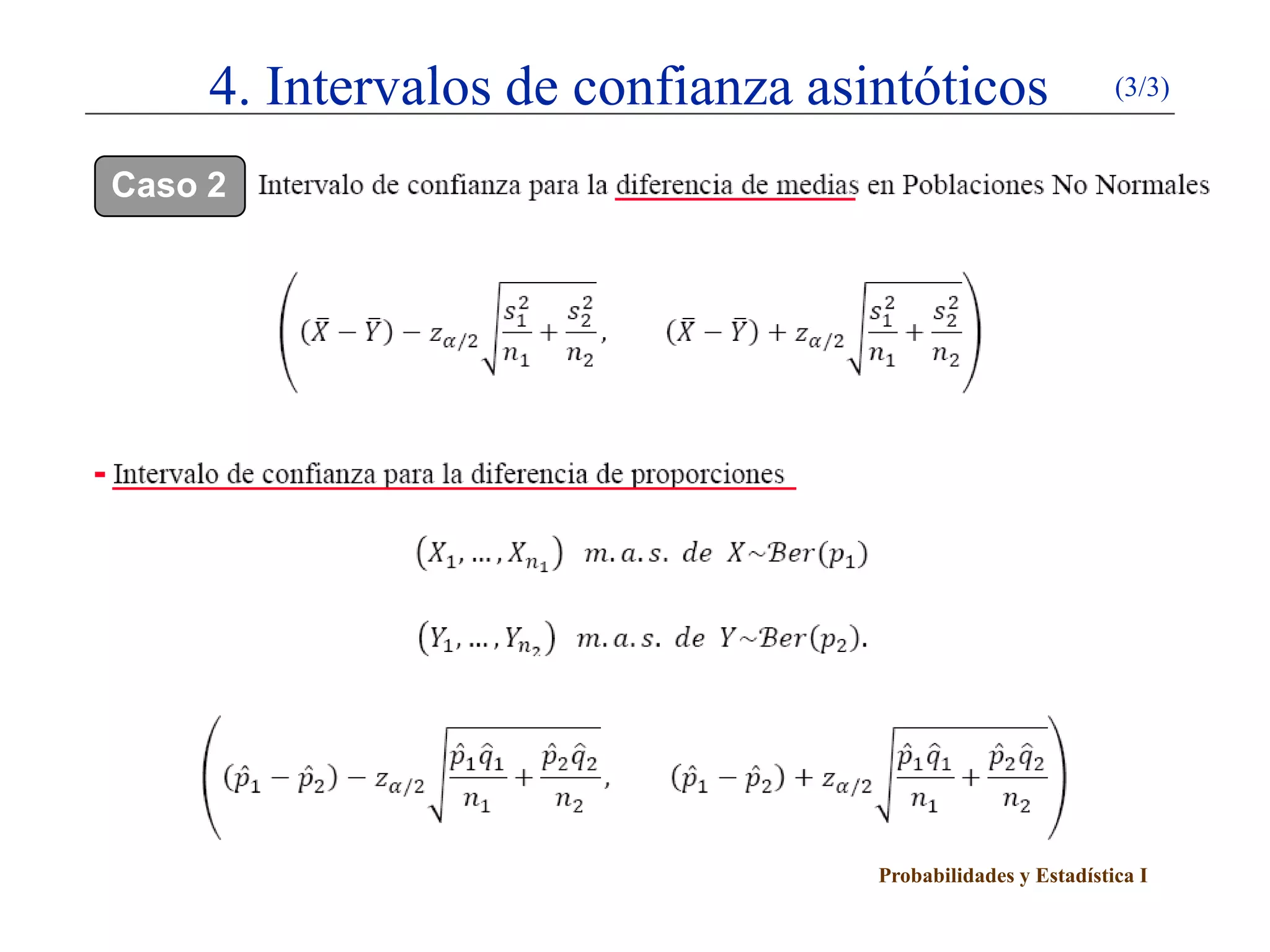 Probabilidades y Estadística I
4. Intervalos de confianza asintóticos (3/3)
Caso 2
 