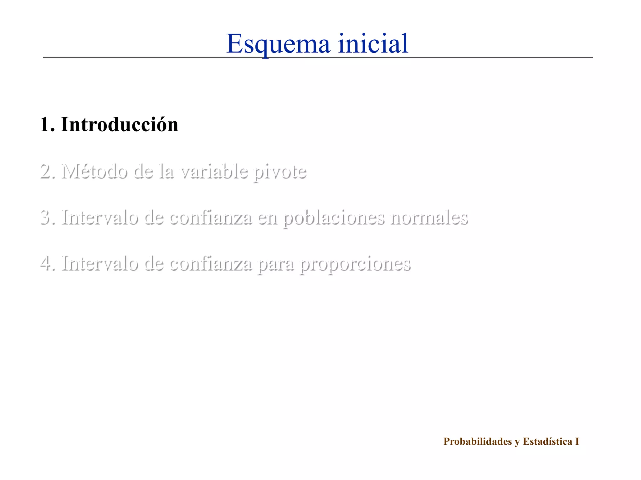 Probabilidades y Estadística I
Esquema inicial
1. Introducción
2. Método de la variable pivote
3. Intervalo de confianza en poblaciones normales
4. Intervalo de confianza para proporciones
 