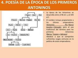 La época de los Antoninos se desarrolla entre el 96 d.C. y el 193 d.C.  El nombre incluye propiamente a los últimos emperadores ( Antonino Pío ,  Marco Aurelio  y  Cómodo ), pero el uso tradicional del término para los primeros Antoninos ( Nerva ,  Trajano  y  Adriano ) obedece a que se comparten suficientes rasgos comunes en la política de estos emperadores. 4. POESÍA DE LA ÉPOCA DE LOS PRIMEROS ANTONINOS 