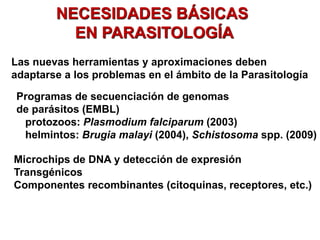 NECESIDADES BÁSICAS
EN PARASITOLOGÍA
Las nuevas herramientas y aproximaciones deben
adaptarse a los problemas en el ámbito de la Parasitología
Programas de secuenciación de genomas
de parásitos (EMBL)
protozoos: Plasmodium falciparum (2003)
helmintos: Brugia malayi (2004), Schistosoma spp. (2009)
Microchips de DNA y detección de expresión
Transgénicos
Componentes recombinantes (citoquinas, receptores, etc.)
el primer parasito protozoo
secuenciado
los helmintos son muy dificiles de cultivar y por tanto practicamente imposibles de realizar
transgénesis
* PARASITOSIS: infeccion que da sintomas clinicos
*PARASITISMO: no da sintomas clinicos
 