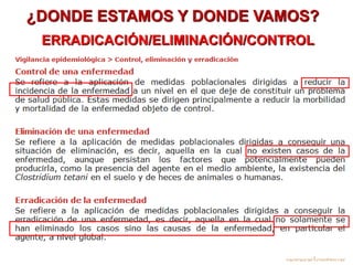 ¿DONDE ESTAMOS Y DONDE VAMOS?
ERRADICACIÓN/ELIMINACIÓN/CONTROL
la malaria se erradico en españa en el año 1964, se elimina tanto el parasito como el vector.
disminuir el numero de pacientes tratando las causas.
 