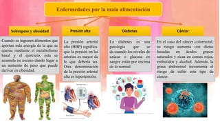 Cuando se ingieren alimentos que
aportan más energía de la que se
quema mediante el metabolismo
basal y el ejercicio, esta se
acumula en exceso dando lugar a
un aumento de peso que puede
derivar en obesidad.
Enfermedades por la mala alimentación
La presión arterial
alta (HBP) significa
que la presión en las
arterias es mayor de
lo que debería ser.
Otra denominación
de la presión arterial
alta es hipertensión.
En el caso del cáncer colorrectal,
su riesgo aumenta con dietas
basadas en ácidos grasos
saturados y ricas en carnes rojas,
embutidos y alcohol. Además, la
grasa abdominal incrementa el
riesgo de sufrir este tipo de
cáncer.
La diabetes es una
patología que se
da cuando los niveles de
azúcar o glucosa en
sangre están por encima
de lo normal.
Sobrepeso y obesidad Presión alta Cáncer
Diabetes
 