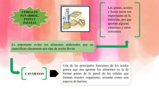 CEREALES
PAN ARROZ.,
PASTA Y
PATATAS
Las grasas, aceites
y frutos secos son
importantes en la
nutrición, por que
aportan algunas
vitaminas y otros
nutrientes
Es importante evitar los alimentos elaborados que no
especifican claramente que tipo de aceite llevan
LAS GRASAS
Una de las principales funciones de los ácidos
grasos que nos aportan los alimentos es la de
formar partes de la pared de las células que
forman nuestro organismo, actuado como una
especie de barrera
 