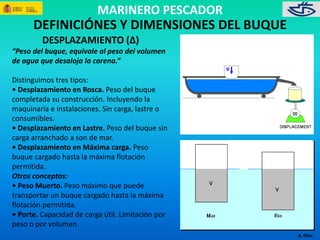 MARINERO PESCADOR 
A. Díez. 
DEFINICIÓNES Y DIMENSIONES DEL BUQUE 
DESPLAZAMIENTO (Δ) 
“Peso del buque, equivale al peso del volumen 
de agua que desaloja la carena.” 
Distinguimos tres tipos: 
• Desplazamiento en Rosca. Peso del buque 
completada su construcción. Incluyendo la 
maquinaria e instalaciones. Sin carga, lastre o 
consumibles. 
• Desplazamiento en Lastre. Peso del buque sin 
carga arranchado a son de mar. 
• Desplazamiento en Máxima carga. Peso 
buque cargado hasta la máxima flotación 
permitida. 
Otros conceptos: 
• Peso Muerto. Peso máximo que puede 
transportar un buque cargado hasta la máxima 
flotación permitida. 
• Porte. Capacidad de carga útil. Limitación por 
peso o por volumen. 
