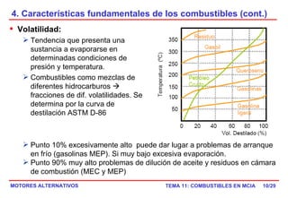 4. Características fundamentales de los combustibles (cont.) /29 Volatilidad:   Tendencia que presenta una sustancia a evaporarse en determinadas condiciones de presión y temperatura. Combustibles como mezclas de diferentes hidrocarburos    fracciones de dif. volatilidades. Se determina por la curva de destilación ASTM D-86 Punto 10% excesivamente alto  puede dar lugar a problemas de arranque en frío (gasolinas MEP). Si muy bajo excesiva evaporación. Punto 90% muy alto problemas de dilución de aceite y residuos en cámara de combustión (MEC y MEP) 