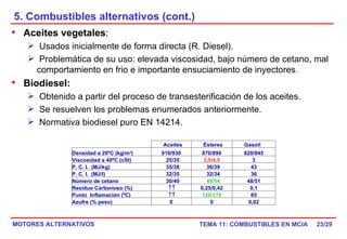 5. Combustibles alternativos (cont.) /29 Aceites vegetales : Usados inicialmente de forma directa (R. Diesel). Problemática de su uso: elevada viscosidad, bajo número de cetano, mal comportamiento en frio e importante ensuciamiento de inyectores . Biodiesel:   Obtenido a partir del proceso de transesterificación de los aceites. Se resuelven los problemas enumerados anteriormente. Normativa biodiesel puro EN 14214. Aceites Ésteres  Gasoil Densidad a 20ºC (kg/m 3 ) 910/930 870/890 820/845 Viscosidad a 40ºC (cSt) 25/35 3,5/4,5 3 P. C. I.  (MJ/kg) 35/38 36/39 43 P. C. I.  (MJ/l) 32/35 32/34 36 Número de cetano 30/40 49/54 48/51 Residuo Carbonoso (%)   0,25/0,42 0,1 Punto  Inflamación (ºC)  120/170 65 Azufre (% peso) 0 0 0,02 