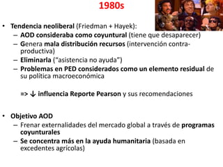 1980s
• Tendencia neoliberal (Friedman + Hayek):
– AOD consideraba como coyuntural (tiene que desaparecer)
– Genera mala distribución recursos (intervención contra-
productiva)
– Eliminarla (“asistencia no ayuda”)
– Problemas en PED considerados como un elemento residual de
su política macroeconómica
=> ↓ influencia Reporte Pearson y sus recomendaciones
• Objetivo AOD
– Frenar externalidades del mercado global a través de programas
coyunturales
– Se concentra más en la ayuda humanitaria (basada en
excedentes agrícolas)
 