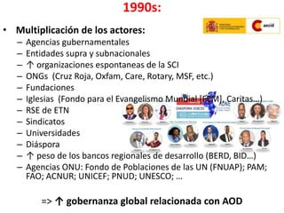 1990s:
• Multiplicación de los actores:
– Agencias gubernamentales
– Entidades supra y subnacionales
– ↑ organizaciones espontaneas de la SCI
– ONGs (Cruz Roja, Oxfam, Care, Rotary, MSF, etc.)
– Fundaciones
– Iglesias (Fondo para el Evangelismo Mundial [FEM], Caritas…)
– RSE de ETN
– Sindicatos
– Universidades
– Diáspora
– ↑ peso de los bancos regionales de desarrollo (BERD, BID…)
– Agencias ONU: Fondo de Poblaciones de las UN (FNUAP); PAM;
FAO; ACNUR; UNICEF; PNUD; UNESCO; …
=> ↑ gobernanza global relacionada con AOD
 