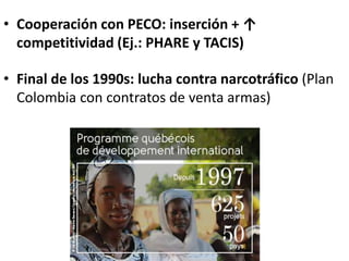 • Cooperación con PECO: inserción + ↑
competitividad (Ej.: PHARE y TACIS)
• Final de los 1990s: lucha contra narcotráfico (Plan
Colombia con contratos de venta armas)
 