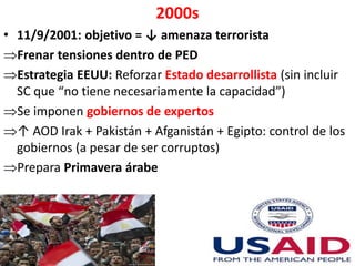 2000s
• 11/9/2001: objetivo = ↓ amenaza terrorista
Frenar tensiones dentro de PED
Estrategia EEUU: Reforzar Estado desarrollista (sin incluir
SC que “no tiene necesariamente la capacidad”)
Se imponen gobiernos de expertos
↑ AOD Irak + Pakistán + Afganistán + Egipto: control de los
gobiernos (a pesar de ser corruptos)
Prepara Primavera árabe
 