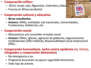 • Cooperación militar:
– EEUU: Israel, Irak, Afganistán, Colombia y México
– Francia en África occidental
• Cooperación cultural y educativa
– Becas estudiantes
– Actores: ONGs, entidades sub-nacionales, Universidades,
Fundaciones, Gobiernos, etc.
• Cooperación social:
– (Re)construir y/o consolidar el tejido social
– Actores: ONGs, Iglesias, agencias de gobierno, organizaciones
multilaterales (ONU Habitat), Responsabilidad social empresarial
(RSE)…
• Cooperación humanitaria, lucha contra epidemia (ej: Ebola),
refugiados y cooperación alimentaria
– De emergencia o no
– Programas buscando recuperar seguridad alimentaria
– Todo tipo de actores
 