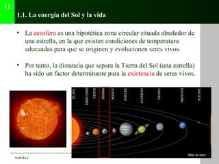 NATURA 2NATURA 2
1.1. La energía del Sol y la vida
• La ecosfera es una hipotética zona circular situada alrededor de
una estrella, en la que existen condiciones de temperatura
adecuadas para que se originen y evolucionen seres vivos.
• Por tanto, la distancia que separa la Tierra del Sol (una estrella)
ha sido un factor determinante para la existencia de seres vivos.
11
 