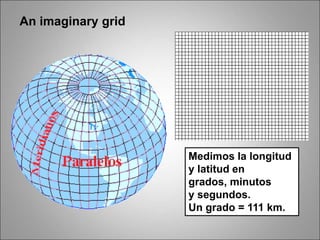 An imaginary grid
Medimos la longitud
y latitud en
grados, minutos
y segundos.
Un grado = 111 km.
 