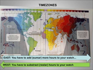 TIMEZONES
Portoalegre
Oslo
EAST: You have to add (sumar) more hours to your watch...
WEST: You have to substract (restar) hours to your watch
 