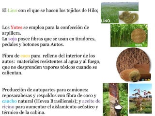 El Lino con el que se hacen los tejidos de Hilo;
Los Yutes se emplea para la confección de
arpillera.
La soja posee fibras que se usan en tiradores,
pedales y botones para Autos.
Fibra de coco para relleno del interior de los
autos: materiales resistentes al agua y al fuego,
que no desprenden vapores tóxicos cuando se
calientan.
Producción de autopartes para camiones:
reposacabezas y respaldos con fibra de coco y
caucho natural (Hevea Brasiliensis); y aceite de
ricino para aumentar el aislamiento acústico y
térmico de la cabina.
LINO
 