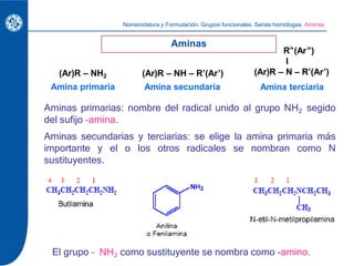 Nomenclatura y Formulación. Grupos funcionales. Series homólogas. Aminas
(Ar)R – NH2
Amina primaria
(Ar)R – NH – R’(Ar’)
A...