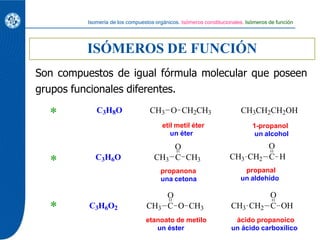ISÓMEROS DE FUNCIÓN
Son compuestos de igual fórmula molecular que poseen
grupos funcionales diferentes.
*
*
C3H8O CH3 O CH...