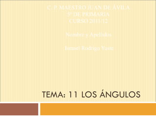 C. P. MAESTRO JUAN DE ÁVILA
         5º DE PRIMARIA
          CURSO 2011/12

       Nombre y Apellidos

      Ismael Rodrigo Yuste




TEMA: 11 LOS ÁNGULOS
 