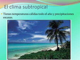 El clima subtropical
 Tienes temperaturas cálidas todo el año y precipitaciones
escasas.
 