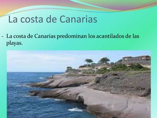La costa de Canarias
‐ La costa de Canarias predominan los acantilados de las
playas.
 