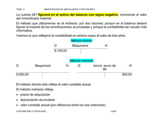 TEMA 11                AMORTIZACIÓN DE INMOVILIZADO Y PROVISIONES

La cuenta 281 figurará en el activo del balance con signo negativo, minorando el valor
del inmovilizado material.
El método que utilizaremos es el indirecto, por dos razones: porque en el balance deberá
figurar el importe de las amortizaciones acumuladas y porque la contabilidad así resulta más
informativa.
Veamos lo que reflejaría la contabilidad en ambos casos al cabo de tres años:
                                             Método directo
                               D              Maquinaria               H
                               8.100,00


                                             Método indirecto
D              Maquinaria                H         D            Amort. acum.de        H
                                                                      IM
9.000,00                                                                          900,00


El método directo sólo refleja el valor contable actual.
El método indirecto refleja:
 precio de adquisición
 depreciación acumulada
 valor contable actual (por diferencia entre los dos anteriores)
CONTABILIDAD Y FISCALIDAD                                                  CSAF
 