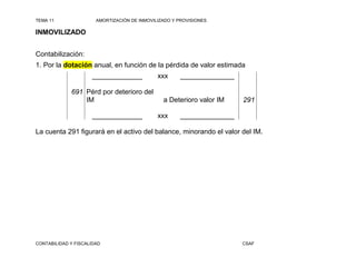 TEMA 11                AMORTIZACIÓN DE INMOVILIZADO Y PROVISIONES

INMOVILIZADO


Contabilización:
1. Por la dotación anual, en función de la pérdida de valor estimada
                     _____________            xxx      ______________

             691 Pérd por deterioro del
                 IM                             a Deterioro valor IM    291

                     _____________            xxx      ______________

La cuenta 291 figurará en el activo del balance, minorando el valor del IM.




CONTABILIDAD Y FISCALIDAD                                               CSAF
 