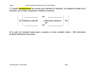 TEMA 11                AMORTIZACIÓN DE INMOVILIZADO Y PROVISIONES

2. Cuando desaparezcan las causas que motivaron la dotación, se rebajará el saldo de la
provisión, por el valor recuperado, mediante el asiento:


                     _____________            xxx      ______________

             291 Deterioro valor IM             a Reversión deterioro   791
                                                  IM
                     _____________            xxx    ______________


Si el valor de mercado fuese igual o superior al valor contable (coste – AA) habríamos
anulado totalmente la provisión.




CONTABILIDAD Y FISCALIDAD                                               CSAF
 