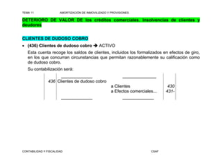 TEMA 11                AMORTIZACIÓN DE INMOVILIZADO Y PROVISIONES

DETERIORO DE VALOR DE los créditos comerciales. Insolvencias de clientes y
deudores


CLIENTES DE DUDOSO COBRO
 (436) Clientes de dudoso cobro  ACTIVO
   Esta cuenta recoge los saldos de clientes, incluidos los formalizados en efectos de giro,
   en los que concurran circunstancias que permitan razonablemente su calificación como
   de dudoso cobro.
   Su contabilización será:
                      _____________                          ______________
                436 Clientes de dudoso cobro
                                                      a Clientes                   430
                                                      a Efectos comerciales...    431-
                        _____________                       _____________




CONTABILIDAD Y FISCALIDAD                                                  CSAF
 