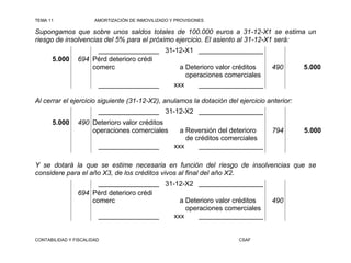 TEMA 11                AMORTIZACIÓN DE INMOVILIZADO Y PROVISIONES

Supongamos que sobre unos saldos totales de 100.000 euros a 31-12-X1 se estima un
riesgo de insolvencias del 5% para el próximo ejercicio. El asiento al 31-12-X1 será:
                      ________________ 31-12-X1 _________________
      5.000     694 Pérd deterioro crédi
                    comerc                  a Deterioro valor créditos             490      5.000
                                              operaciones comerciales
                      ________________    xxx     _________________

Al cerrar el ejercicio siguiente (31-12-X2), anulamos la dotación del ejercicio anterior:
                        ________________ 31-12-X2 _________________
      5.000     490 Deterioro valor créditos
                    operaciones comerciales            a Reversión del deterioro   794      5.000
                                                         de créditos comerciales
                        ________________             xxx     _________________

Y se dotará la que se estime necesaria en función del riesgo de insolvencias que se
considere para el año X3, de los créditos vivos al final del año X2.
                      ________________ 31-12-X2 _________________
                694 Pérd deterioro crédi
                    comerc                  a Deterioro valor créditos             490
                                              operaciones comerciales
                      ________________    xxx     _________________


CONTABILIDAD Y FISCALIDAD                                               CSAF
 